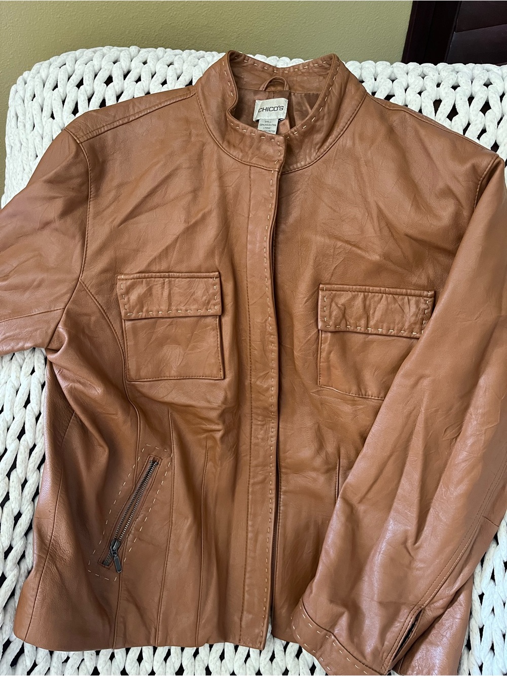 Chico's Tan Leather Bomber Jacket